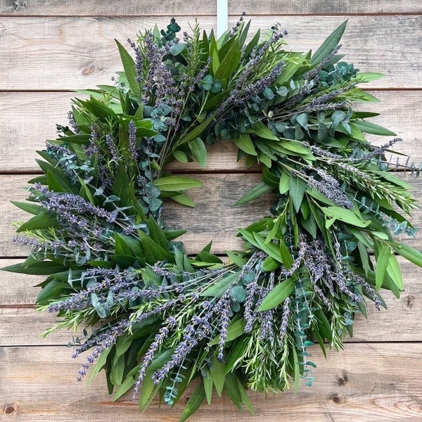 FRESH Bay leaf Rosemary Dried Lavender Eucalyptus wreath full of aroma front Door Decor, Wedding, Graduation, Spring, Summer, Mothers Day.