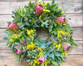 Fresh Real Wreath for Front Door Decor, Bayleaf Laurel, Eucalyptus, Proteas, Acacia, Spring, Summer, Decor Birthday gift, House Warming.