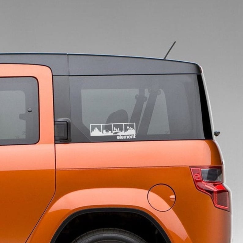 May include: An orange Honda Element with a white decal on the back window. The decal features a series of four images depicting a car driving through different landscapes, with the word "element" below the images.