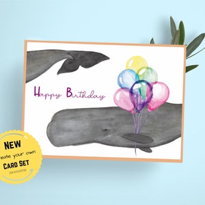 Tarjeta de cumpleaños de cachalote, tarjeta de cachalote con acuarela, tarjeta de cumpleaños de ballena, tarjeta con sobre