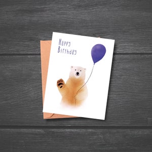 Polar Bear Birthday Card, Watercolor Polar Bear, Bear with Balloon Card, Card with envelope