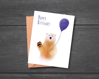 Polar Bear Birthday Card, Watercolor Polar Bear, Bear with Balloon Card, Card with envelope