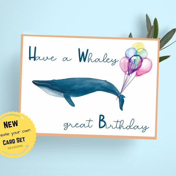 Blue Whale Birthday Card, Whale Birthday Card, Have a Whaley great Birthday, Card with envelope