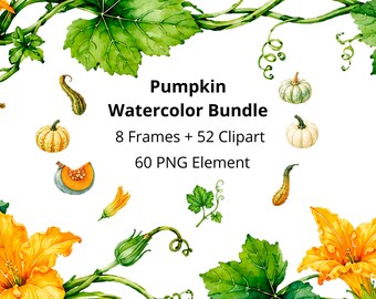 Pumpkin Watercolor Clipart Bundle | 52 Pumpkin PNG Clipart, 8 Pumpkin Frames, Autumn Leaves & Flowers | Fall Harvest DIY