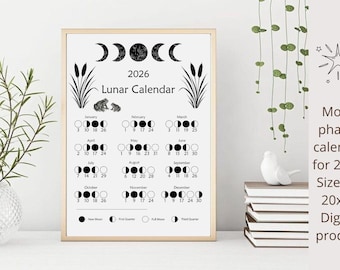 2026 Lunar Calendar Phases — Minimalist Moon Cycle Poster. Calendar with cattails and frogs.