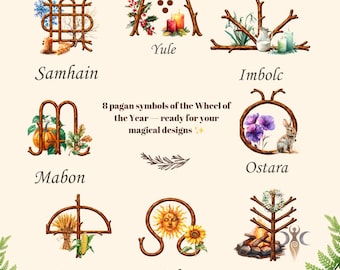 Wheel of the Year Symbols Set – 8 Pagan Sabbats Icons (Yule, Imbolc, Ostara, Beltane, Litha, Lammas, Mabon, Samhain)