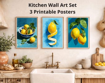 Lemon Kitchen Wall Art Set of 3, Fruit Prints, Kitchen Decor Printable, Instant Download