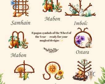 Wheel of the Year Symbols Set – 8 Pagan Sabbats Icons (Yule, Imbolc, Ostara, Beltane, Litha, Lammas, Mabon, Samhain)