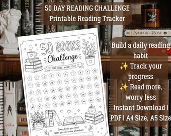 50 Books Reading Challenge Printable | Book Tracker A4 PDF, A5 & JPG | Reading Goal Planner | Book Lover Gift | Personal Use