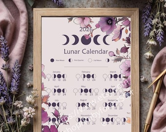 2026 Lunar Calendar Printable, Moon Phases Calendar 2026, Botanical Moon Phase Wall Art, Witchy Lunar Calendar Poster