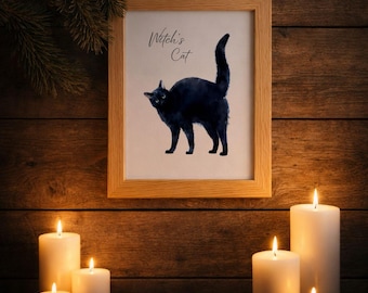 Witch’s Cat Printable Poster, Black Cat Wall Art, Gothic Witch Decor, Mystical Familiar Cat Illustration, Digital Download JPG
