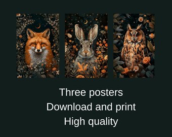 Forest Animal Posters, Fox, Hare, Owl Prints (Digital Download) New posters