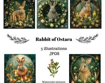 Rabbit of Ostara. Pagan illustrations. JPG Pictures in watercolor technique on the theme of the Ostara holiday. Ostara