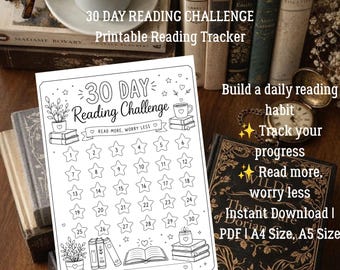30 Day Reading Challenge Printable | Reading Tracker PDF | Book Challenge Planner | Book Lover Gift | Reading Goal Worksheet A4, A5