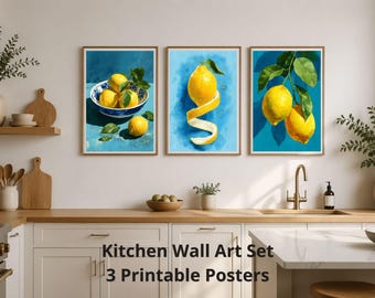 Lemon Kitchen Wall Art Set of 3, Fruit Prints, Kitchen Decor Printable, Instant Download