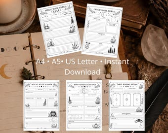 Printable Witch Planner Bundle | Book of Shadows Journal | Grimoire Pages | Tarot, Herbal, Moon Manifestation | A4 A5 US Letter PDF