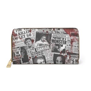Cartera gótica con cremallera de crímenes reales: arte único para amantes de la estética oscura, inspirada en crímenes reales, regalo para fanáticos del terror, pieza llamativa.