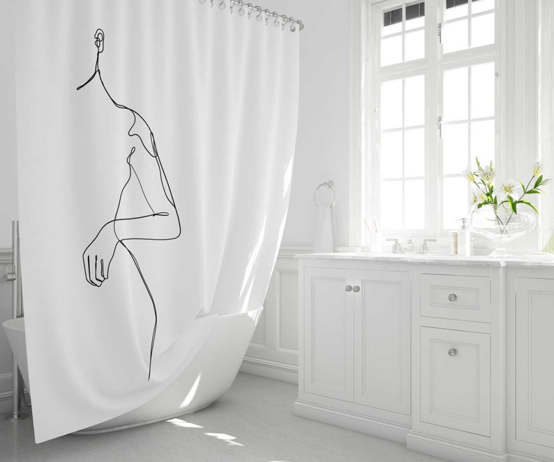 Black and White Boho Shower Curtain Line Art Woman Modern Etsy