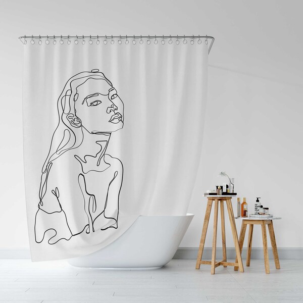 Black and White Shower Curtain | Line Art Girl, Modern Minimalist style, Bohemian bathroom decor, Arty Artwork Contemporary Bath, Get naked