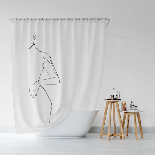 Black and White Boho Shower Curtain | Line Art woman, Modern Minimalist, Bohemian bathroom decor, Arty Artwork Contemporary Bath, Farmhouse