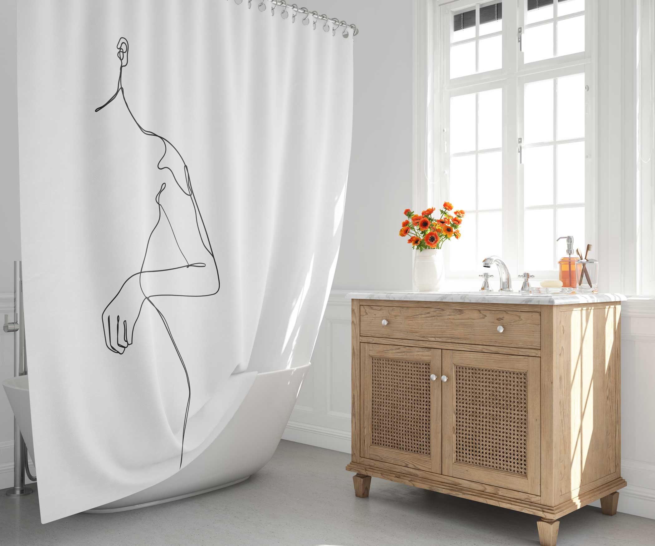 Black and White Boho Shower Curtain Line Art Woman Modern Etsy