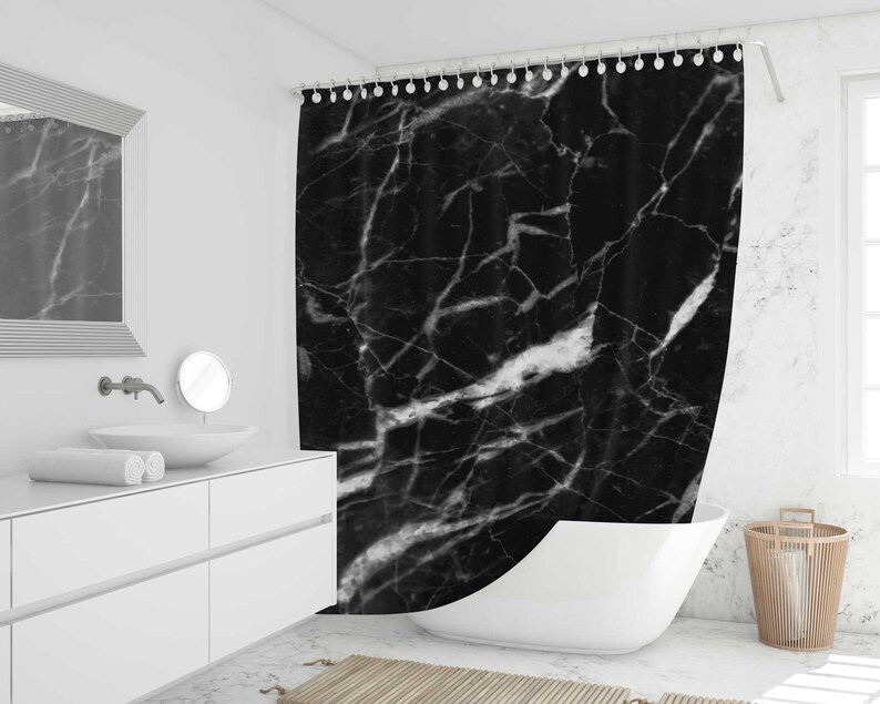 Black Marble Shower Curtain Black and White Modern Style Etsy