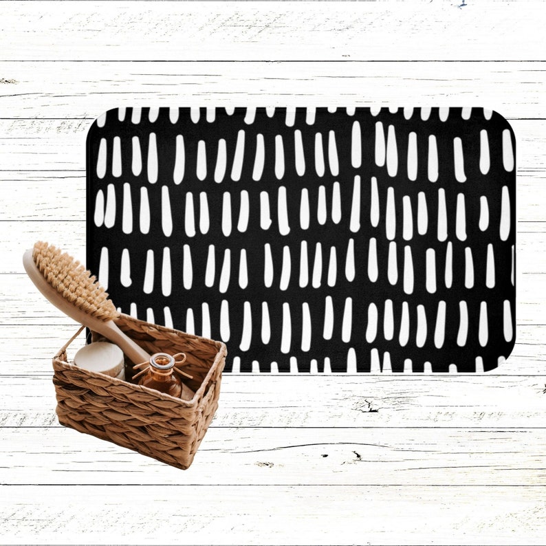 Boho Bath Mat, Black and White Mudcloth Style, Bohemian Bathroom Decor, Modern Scandi Geometric