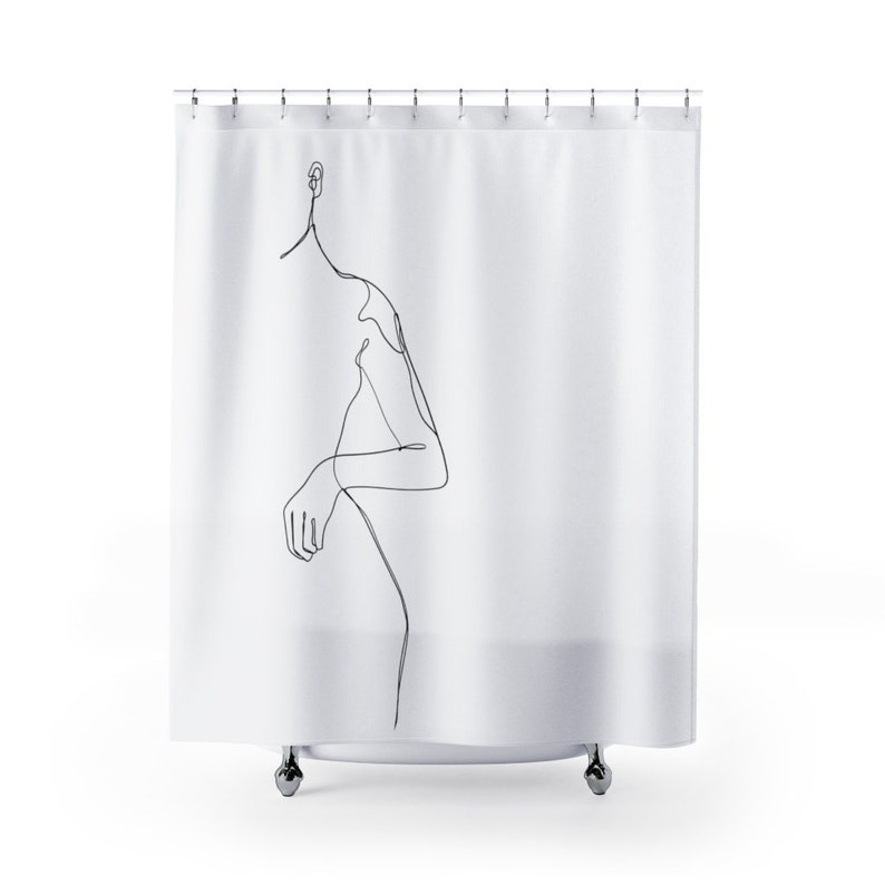 Black and White Boho Shower Curtain Line Art Woman Modern Etsy