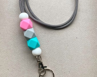 Silicone Bead Paracord Lanyard Keychain + Badge Holder