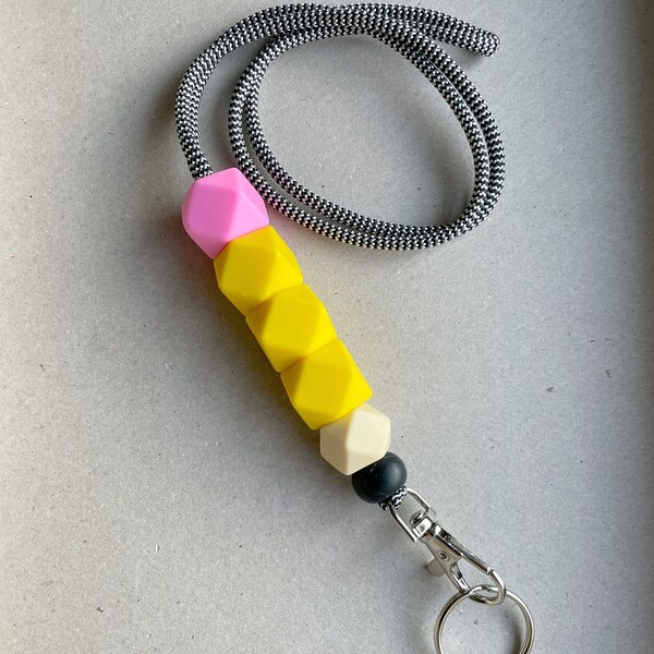 Bright Pencil Silicone Hexagon Bead Paracord Lanyard Keychain + Badge Holder