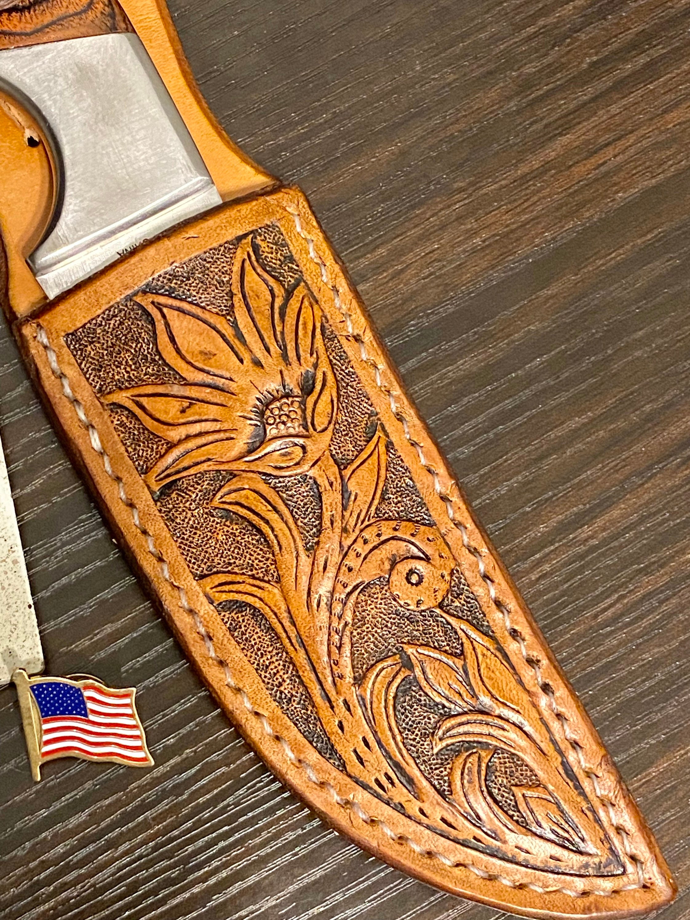 HANDCRAFTED LEATHER Bull Hemp embroidered 5 inch knife SHEATH funda na –
