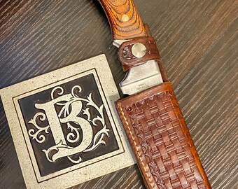 Handmade Leather Knife Sheath - fits 5” blade, hand crafted, designed, tooled, made in USA, gift for him, genuine leather, free shipping