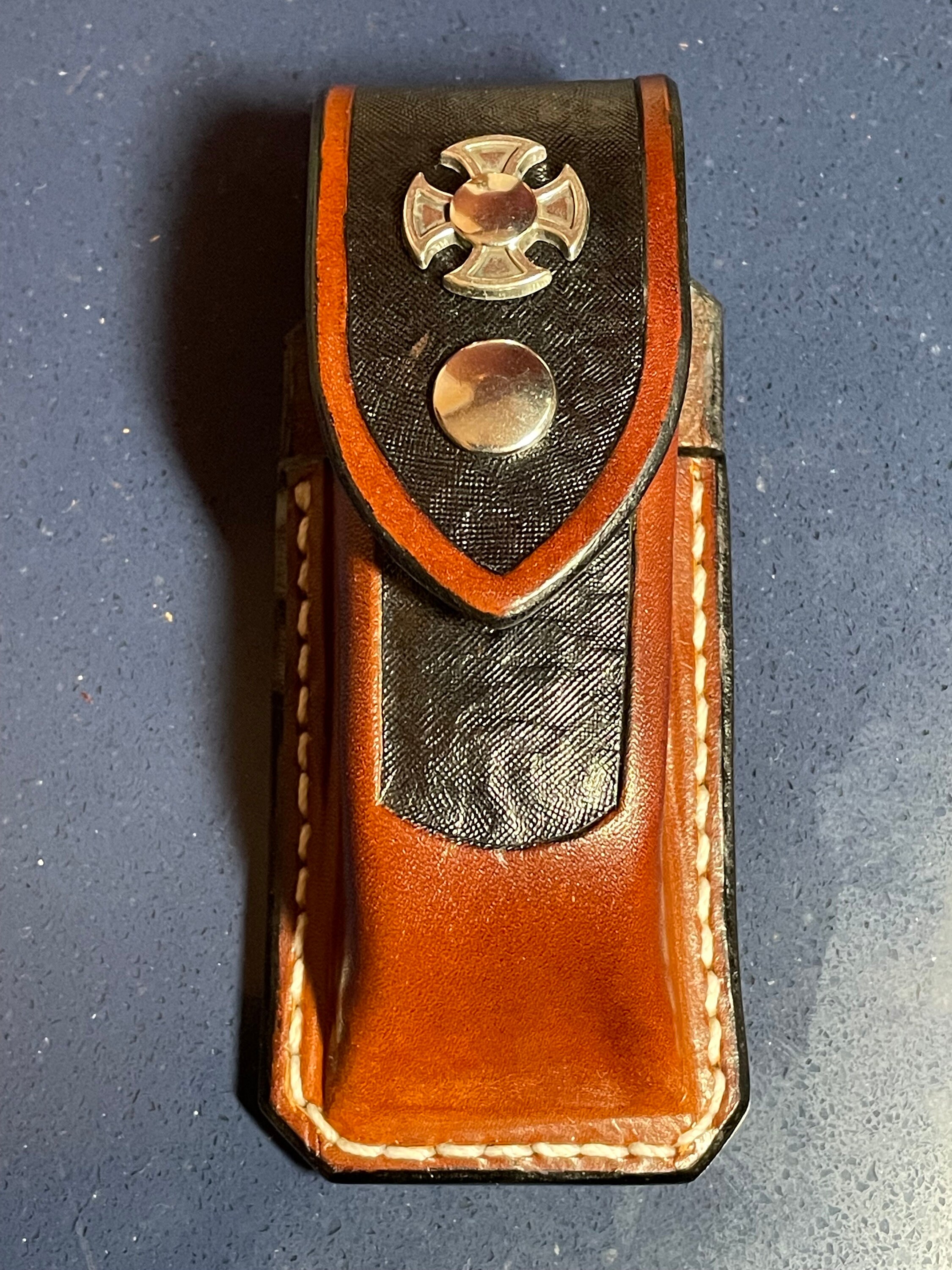 Hand crafted and tooled leather pocket knife, folding knife sheath, holder, holster, Maltese cross, gift for him, USA made