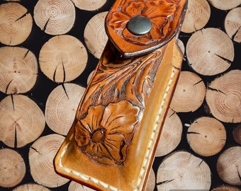 Hand crafted and tooled leather pocket knife, folding knife sheath, holder, holster, floral pattern, gift for him, USA made