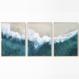 Ocean Print Waves Set of 3 Turquoise Wall Art Ocean Beach Poster Large Ocean Waves Photo Poster Aerial Waves Set Contemporary Modern Poster
