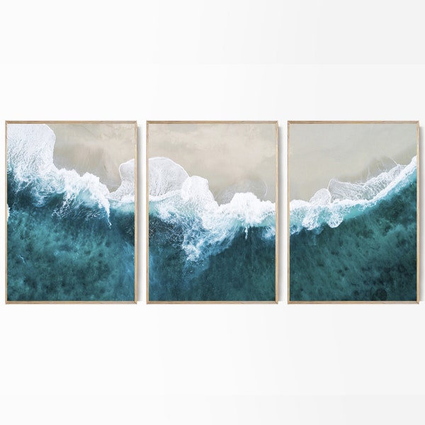 Ocean Print Waves Set of 3 Turquoise Wall Art Ocean Beach Poster Large Ocean Waves Photo Poster Aerial Waves Set Contemporary Modern Poster