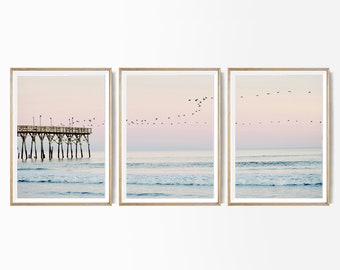 California Ocean Set of 3 Wall Art, Beach 3 Piece Prints, Blush Pink Coastal Set of 3 Prints, Large Pink Beach Set, Modern Coastal Photo Art