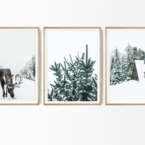 Winter Theme set 3 Giclee Moose Snowy Cabin Print Rustic Christmas Giclee Reindeer Deer Poster Winter Landscape Photography Winter 3 Piece