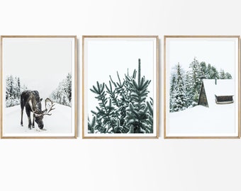 Winter Theme set 3 Giclee Moose Snowy Cabin Print Rustic Christmas Giclee Reindeer Deer Poster Winter Landscape Photography Winter 3 Piece