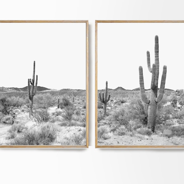 Arizona Desert Set of 2 Black White Print Southwestern Desert Cactus Print Boho Desert Photography 2 Piece Large Desert Photo Poster Art Set