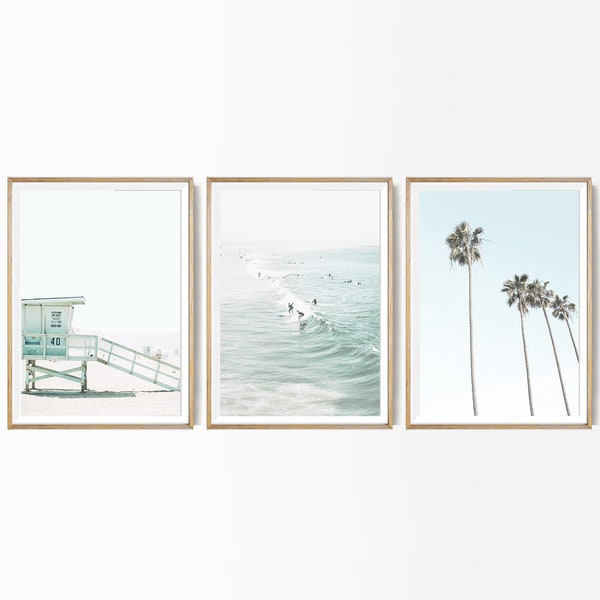 California Palm Tree Beach Set Of 3 Print Surfer Waves Poster Coastal Life Print Lifeguard Print Coastal Photography Large Surf Print Set