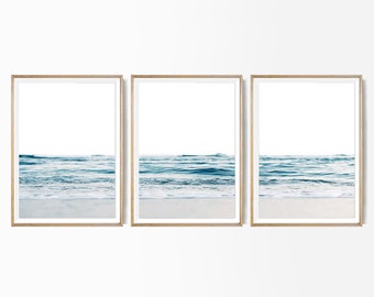 Coastal 3 Piece Wall Art, Neutral Beach Print Set of 3 Wall Art Blue ...
