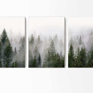 Forest Triptych Canvas set 3 Prints Foggy Forest Wall Art Set Modern Landscape Forest Decor Fog Nature Set Pine Forest Photo Misty Forest