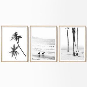 Giclee Beach Wall Art Set California Beach Set Boho Palm Tree Set of 3 Posters Black and White Surfboard Art Print Modern Beach Surf Prints