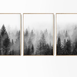 Forest Print Set of 3 Print Black and White 3 Piece Foggy Forest Scandinavian Forest Mist Poster Black White Nature Fog Landscape Wall Art