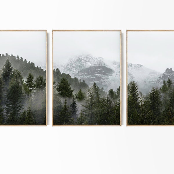 Forest Set of 3 Prints Scandi Misty Forest 3 Piece Wall Decor Foggy Mountain Print Forest 3 Piece Print Nordic Forest Set Scandinavian Photo