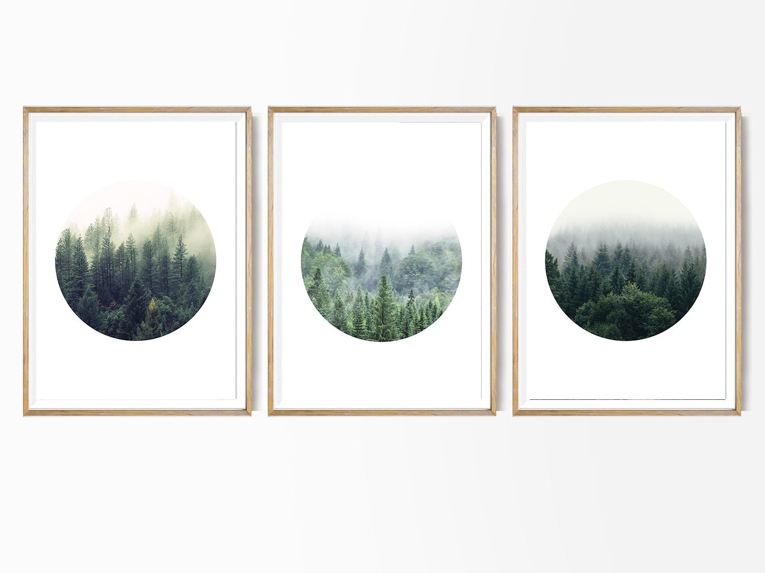 Nordic Forest Circle Wall Art. Set of 3 Scandinavian Prints