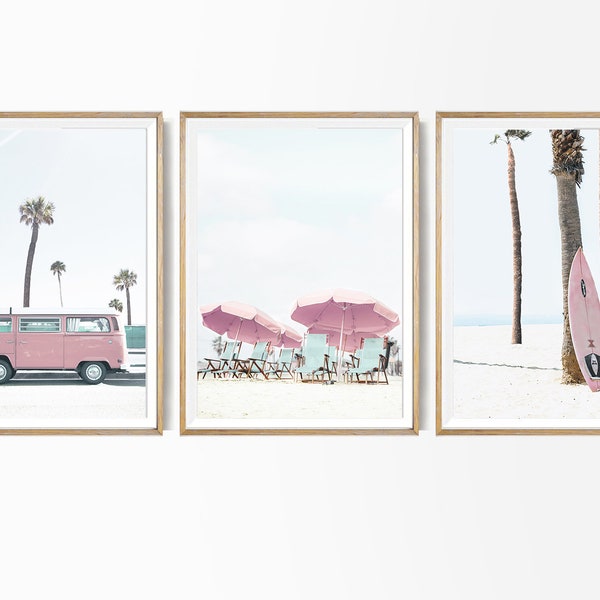 Beach set of 3 print Large Giclee Poster Blush Coastal Poster California Wall Set Summer Beach Photo Surfing Triptych Beach Themed Decor