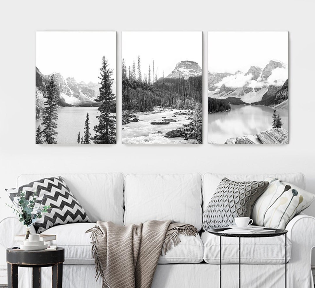 Landscape Wall Art Nature Black White Set of 3 Art Canvas Mountains