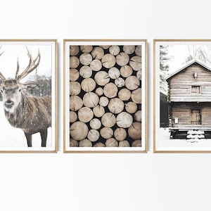 Holiday Decor Winter Set of 3 Poster Nordic Christmas Winter Forest Print Moose Photo Winter Theme Rustic Christmas Set Farm Winter Poster